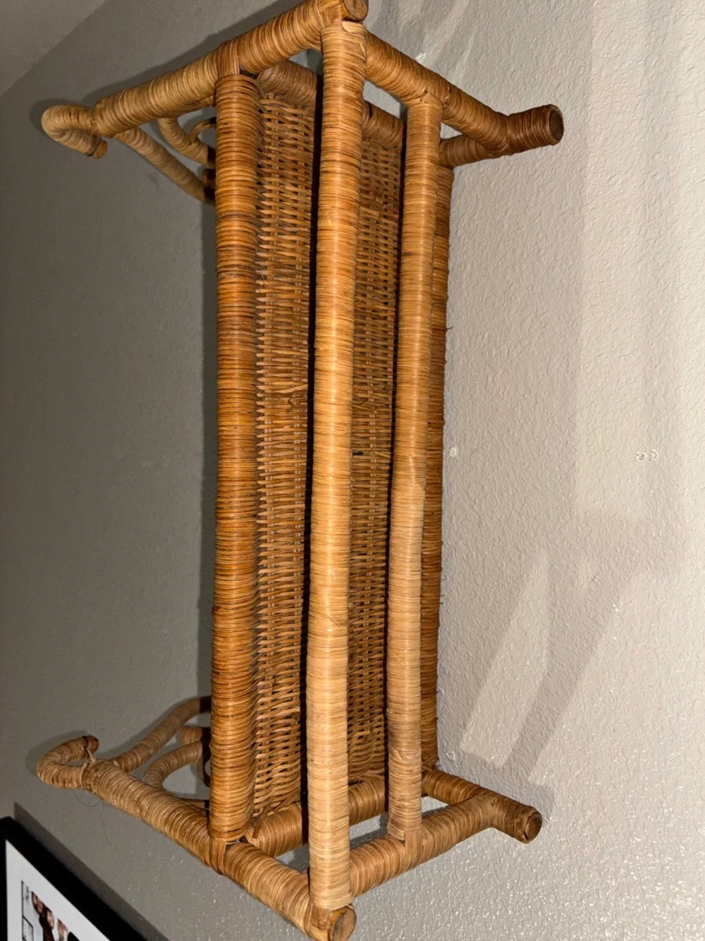 Vintage Boho Wicker Rattan Wall Shelf with Towel Bar & Scroll Sides